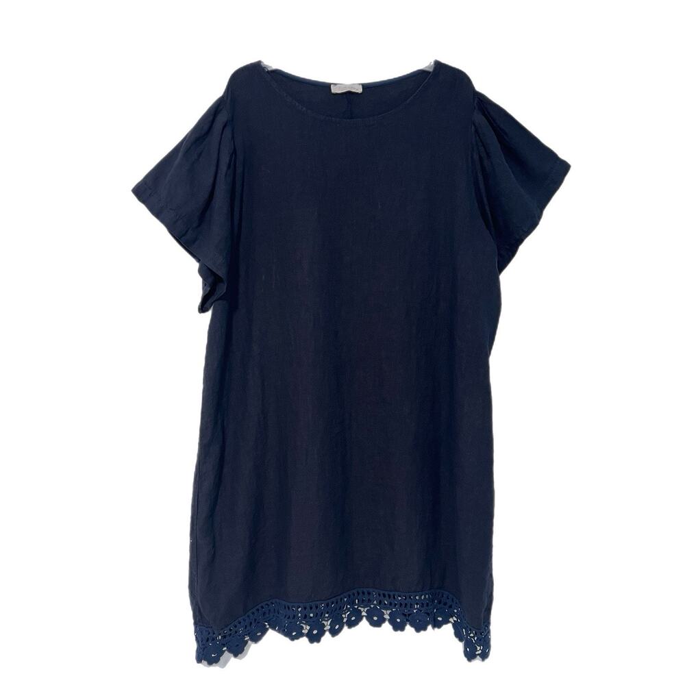 Bellambra 100% Linen Dress Plus Size 3X Crochet Lace Hem Navy Beach Resort Wear
